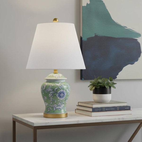 HomeRoots 23" Clear Acrylic Table Lamp with White Linen Drum Shade & Gold Base - Modern Décor Accent Piece 715910