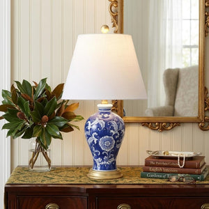 24 Inch Blue Gold White Ceramic Urn Table Lamp with Empire Shade for Bedside Decor