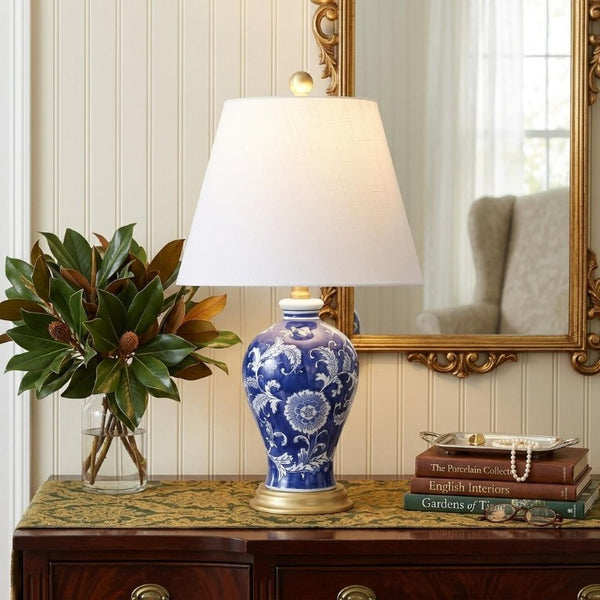 24 Inch Blue Gold White Ceramic Urn Table Lamp with Empire Shade for Bedside Decor