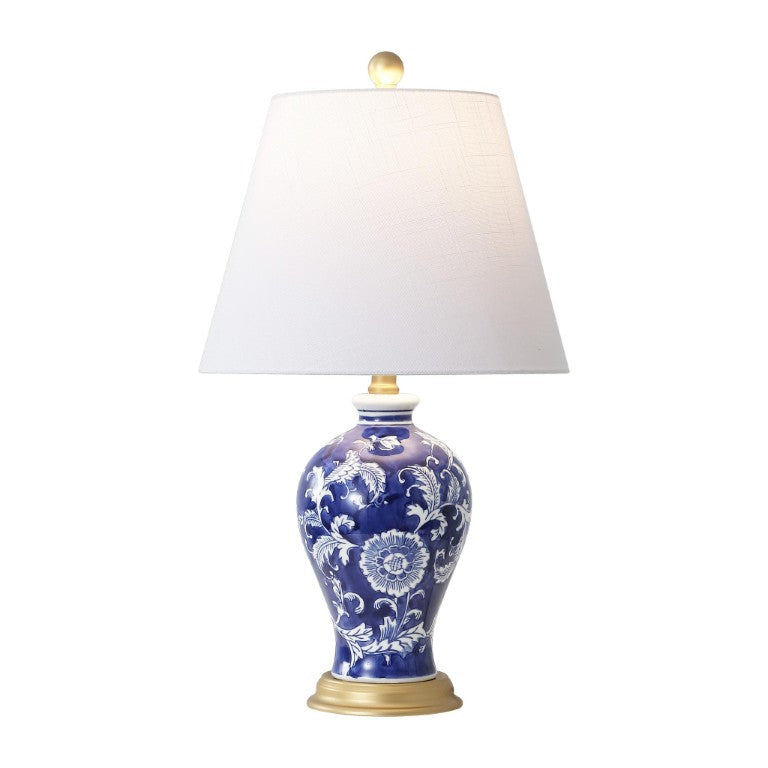 HomeRoots 24 Inch Blue Gold White Ceramic Urn Table Lamp with Empire Shade for Bedside Decor 715907