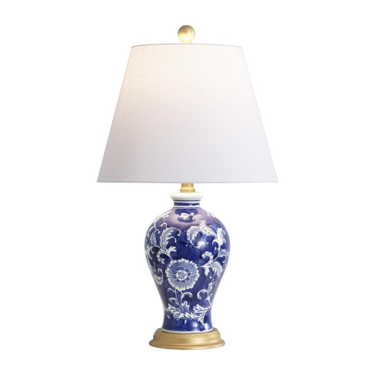 HomeRoots 24 Inch Blue Gold White Ceramic Urn Table Lamp with Empire Shade for Bedside Decor 715907