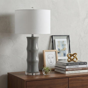 27 Inch Gray Gourd Table Lamp with Clear Glass Base and Fabric Drum Shade for Bedroom
