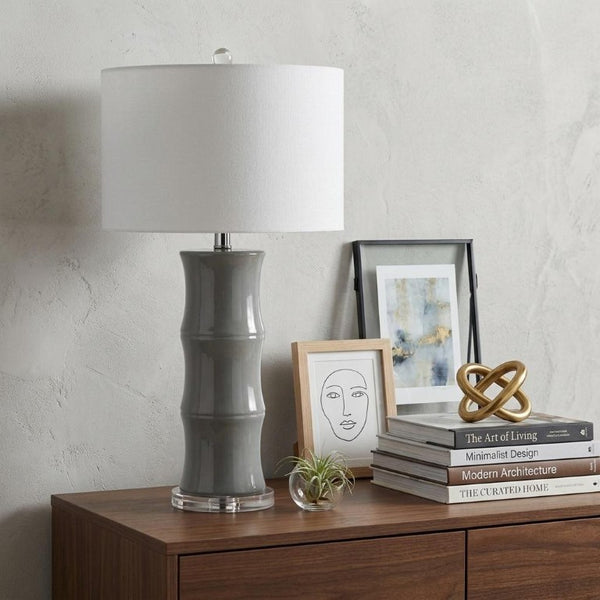 27 Inch Gray Gourd Table Lamp with Clear Glass Base and Fabric Drum Shade for Bedroom