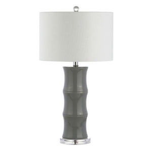 HomeRoots 27 Inch Gray Gourd Table Lamp with Clear Glass Base and Fabric Drum Shade for Bedroom 715915