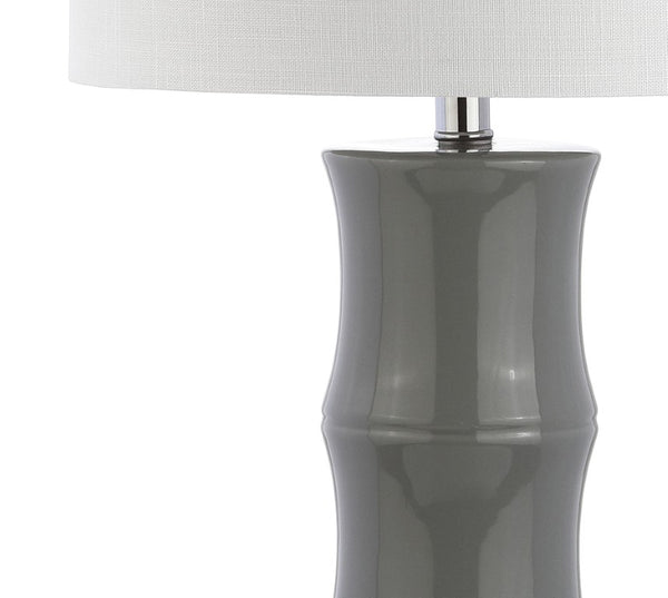 27 Inch Gray Gourd Table Lamp with Clear Glass Base and Fabric Drum Shade for Bedroom