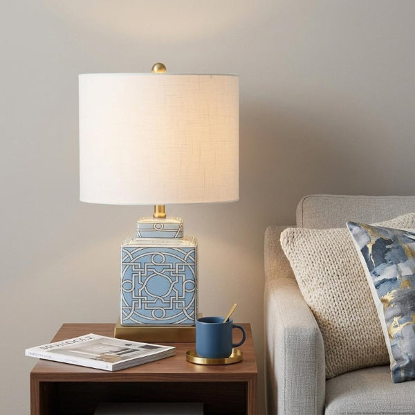 22 Inch Gold Square Table Lamp with Drum Shade Elegant Glam Lighting for Living Room