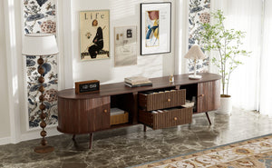 English Elm 70 Inch Mid Century Media Console with Tambour Doors Fluted Drawers and Wood Legs N710P419840P