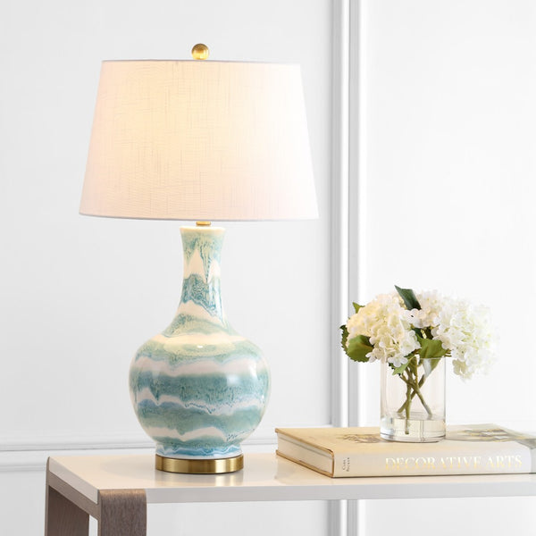 HomeRoots 29" Elegant White Table Lamp with Globe Linen Shade - Modern LED Accent Light for Home Decor 715952