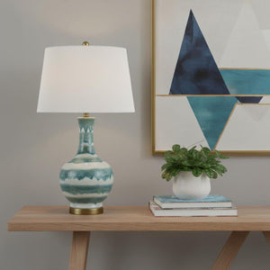 HomeRoots 29" Elegant White Table Lamp with Globe Linen Shade - Modern LED Accent Light for Home Decor 715952