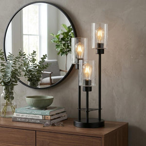 21 Inch Black Three Bulb Cylinder Shade Table Lamp for Modern Living Room Decor