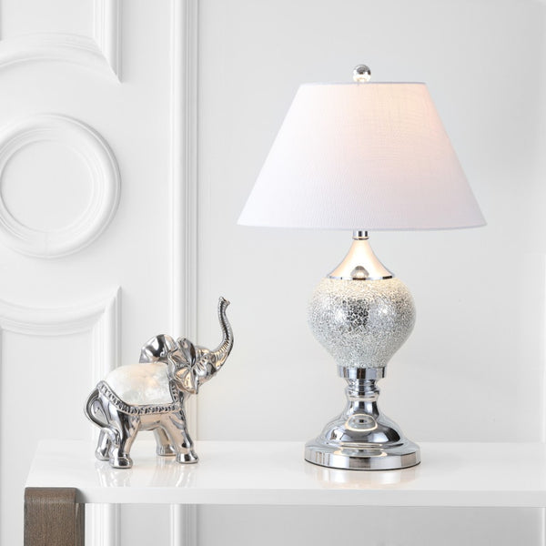 HomeRoots 27" Sleek Silver Table Lamp with Linen Drum Shade - Stylish LED Accent for Home & Office Use 715967