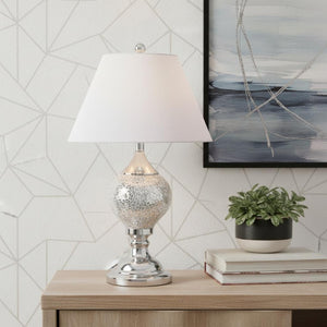 HomeRoots 27" Sleek Silver Table Lamp with Linen Drum Shade - Stylish LED Accent for Home & Office Use 715967