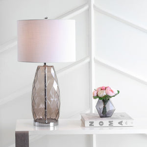 HomeRoots 27" Modern Silver Table Lamp with White Linen Drum Shade - LED Compatible, Stylish Illumination for Home 715968