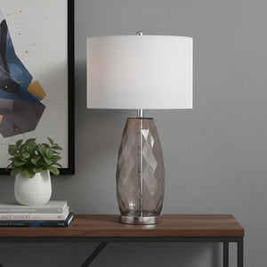 HomeRoots 27" Modern Silver Table Lamp with White Linen Drum Shade - LED Compatible, Stylish Illumination for Home 715968