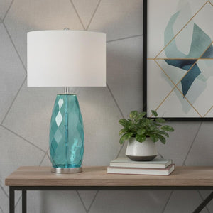 HomeRoots 19" Clear Table Lamp LED - Modern Crystal Base with White Drum Shade for Elegant Ambient Lighting 715969