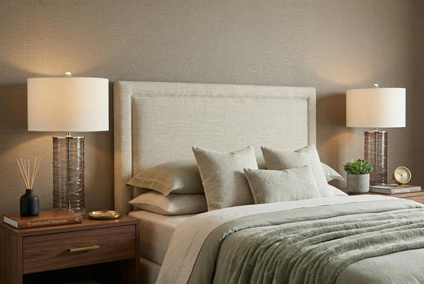 Set of Two Mauve Table Lamps Featuring Elegant Drum Shades for Bedroom Ambiance