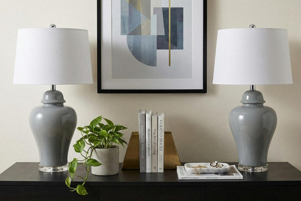 Set of Two Clear Acrylic Bedside Table Lamps with Classic Empire Fabric Shades