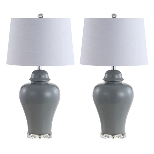 HomeRoots Set of Two Clear Acrylic Bedside Table Lamps with Classic Empire Fabric Shades 715985