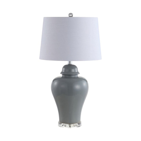 Set of Two Clear Acrylic Bedside Table Lamps with Classic Empire Fabric Shades