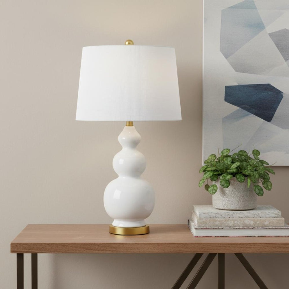 HomeRoots 29" Gold Novelty Table Lamp - Modern Iron Base with White Linen Shade for Cozy Ambient Lighting 715991