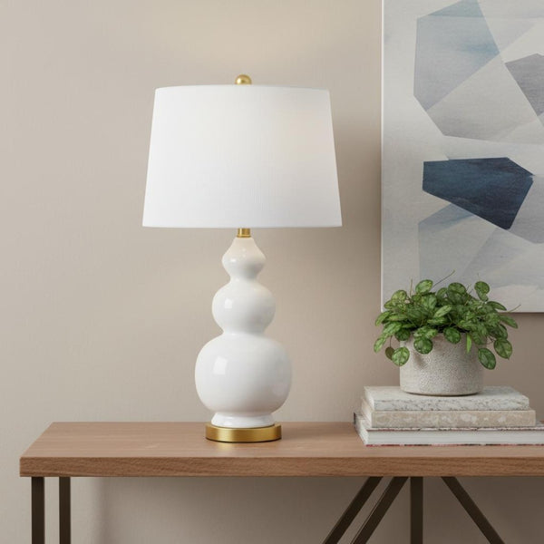 HomeRoots 29" Gold Novelty Table Lamp - Modern Iron Base with White Linen Shade for Cozy Ambient Lighting 715991