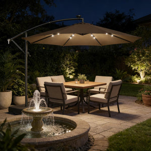 English Elm Garden Cantilever Patio Umbrella with Solar Led Lights and Upf30 Polyester Canopy Tan T3971P481990