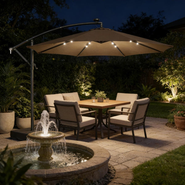 English Elm Garden Cantilever Patio Umbrella with Solar Led Lights and Upf30 Polyester Canopy Tan T3971P481990