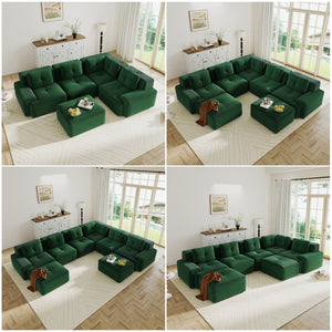 English Elm Modern Corduroy Sectional Sofa Deep Seat V Shape Tufted Couch with Movable Ottoman Green W714S01582