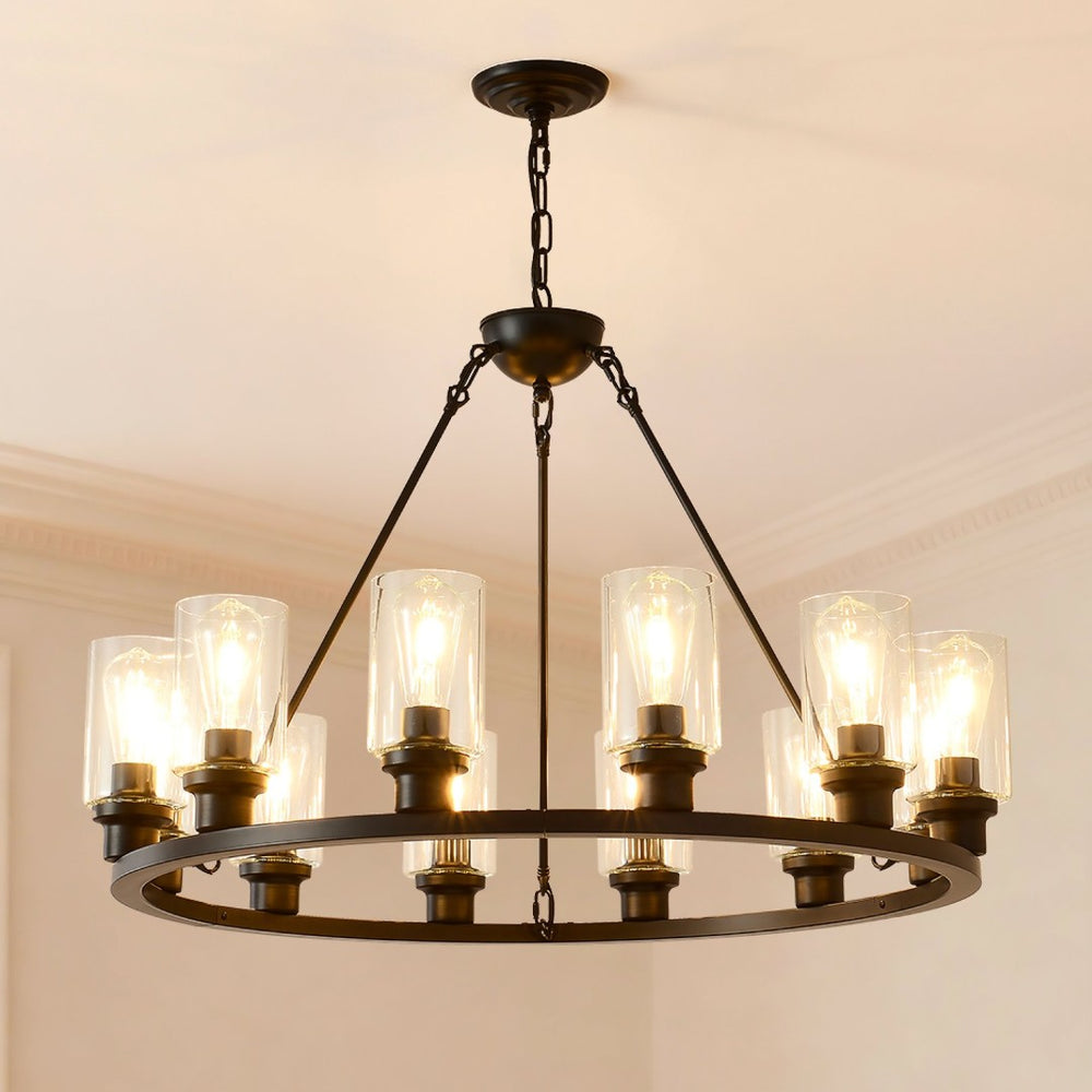 English Elm 9-light Matte Black Wagon Wheel Chandelier Seeded Glass Farmhouse Dining Room W5008P392768