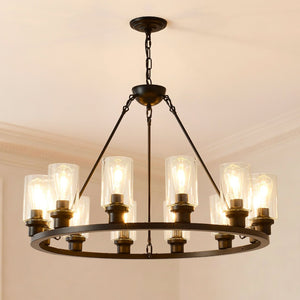 English Elm 9-light Matte Black Wagon Wheel Chandelier Seeded Glass Farmhouse Dining Room W5008P392768