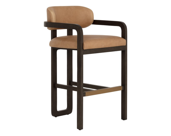 Sunpan MADRONE Barstool - Elegant Brown Oak Frame with Luxurious Ludlow Sesame Leather for Modern Spaces 112680