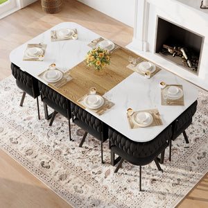 English Elm 9-piece Square Dining Set Velvet Upholstered Chairs Two-tone Tabletop Seats 8 Black,White,Wood W3875S00150