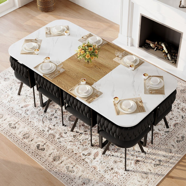 English Elm 9-piece Square Dining Set Velvet Upholstered Chairs Two-tone Tabletop Seats 8 Black,White,Wood W3875S00150