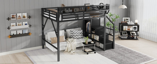 English Elm Full Size Loft Bed With Stairs And Storage Shelves – Stylish Black Metal High Loft Bed For Kids & Teens W2580S00037