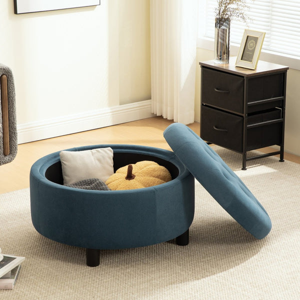 English Elm 29.33"w Fleece Tufted Round Storage Ottoman Reversible Lid Footstool for Living Room Blue W3189P422398