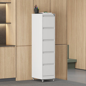 English Elm 5 Drawer Vertical File Cabinet on Wheels with Lock, Heavy-Duty Steel, Anti-Tilt Mobile Storage for A4/Letter/Legal Files White T2398P310088