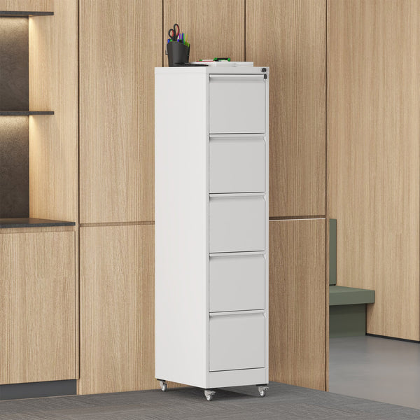 English Elm 5 Drawer Vertical File Cabinet on Wheels with Lock, Heavy-Duty Steel, Anti-Tilt Mobile Storage for A4/Letter/Legal Files White T2398P310088