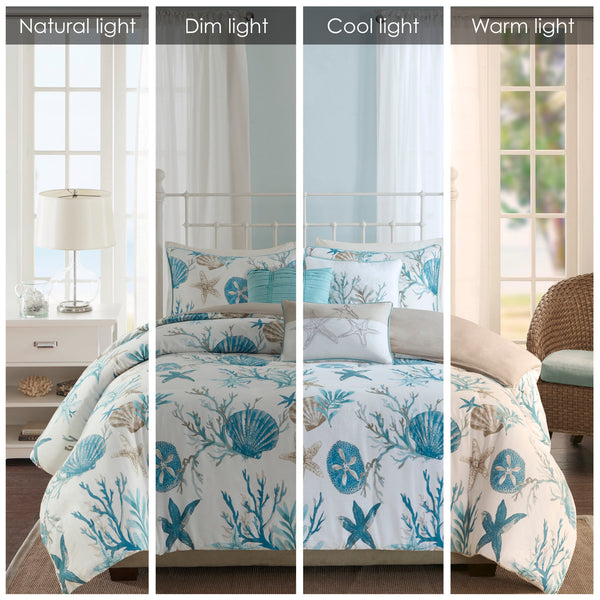 English Elm King/Cal Pebble Beach 6-Piece Cotton Sateen Duvet Set – Coastal Shells, OEKO-TEX, Taupe Reverse, Embroidered Pillows B03597372