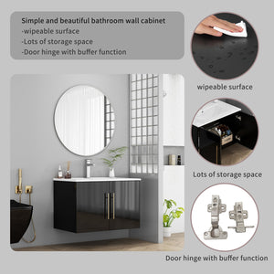 English Elm 30-Inch Black Gloss Wall-Mounted Bathroom Vanity With Soft-Close Doors & Gold Handle For Modern Style W3151S00051