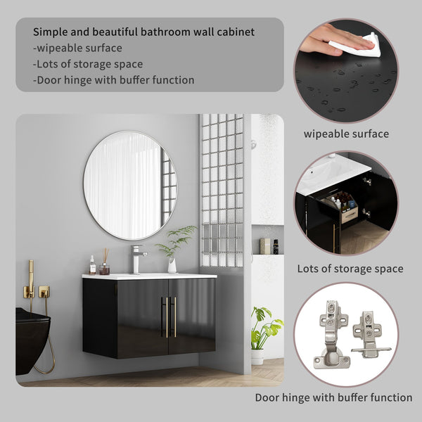 English Elm 30-Inch Black Gloss Wall-Mounted Bathroom Vanity With Soft-Close Doors & Gold Handle For Modern Style W3151S00051