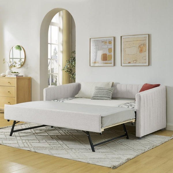 English Elm Twin Size Daybed With Trundle - Elegant Upholstered Sofa Bed In Beige Linen With Stripes, Space-Saving W1413S00090-GIGA