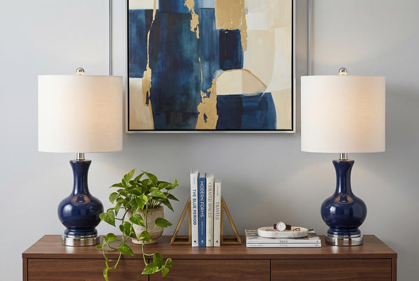 Set of Two Gourd Table Lamps with Drum Shades Elegant Bedside Lighting Duo