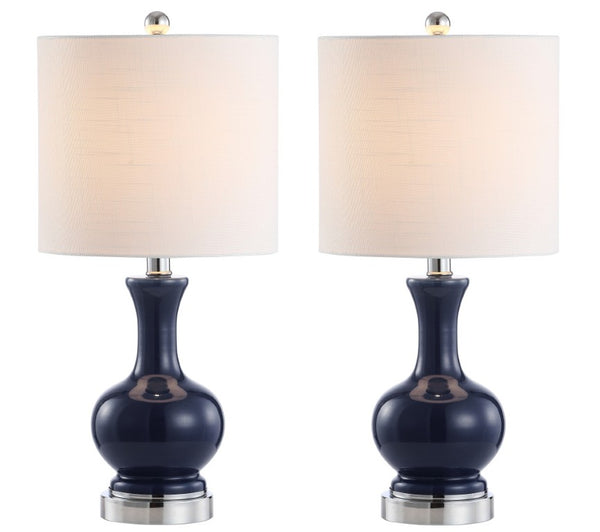 HomeRoots Set of Two Gourd Table Lamps with Drum Shades Elegant Bedside Lighting Duo 716008