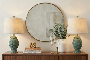 Set of Two Urn Table Lamps with Empire Shades for Classic and Elegant Bedroom Lighting Decor