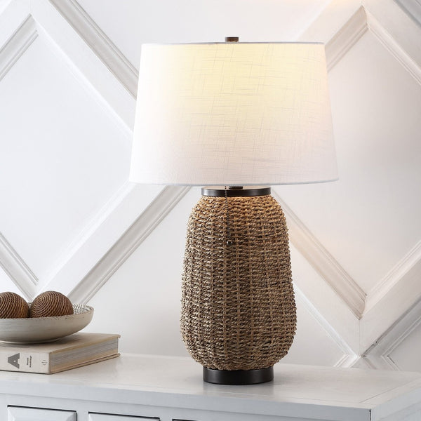 HomeRoots 22" Clear Novelty Table Lamp with White Linen Shade, Modern Iron Base & Built-In USB Charging Outlet 716034