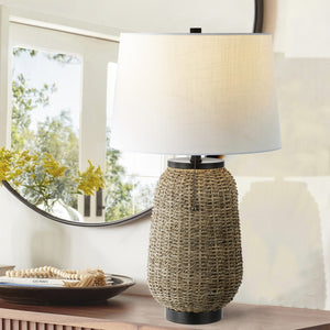 HomeRoots 22" Clear Novelty Table Lamp with White Linen Shade, Modern Iron Base & Built-In USB Charging Outlet 716034
