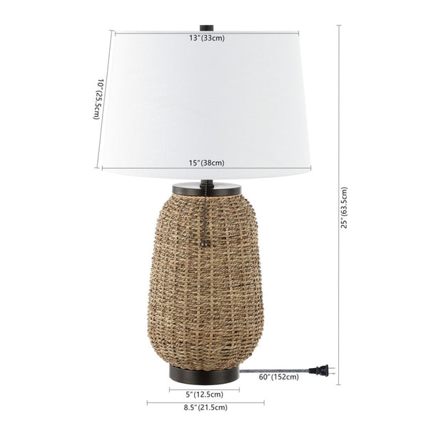 HomeRoots 22" Clear Novelty Table Lamp with White Linen Shade, Modern Iron Base & Built-In USB Charging Outlet 716034