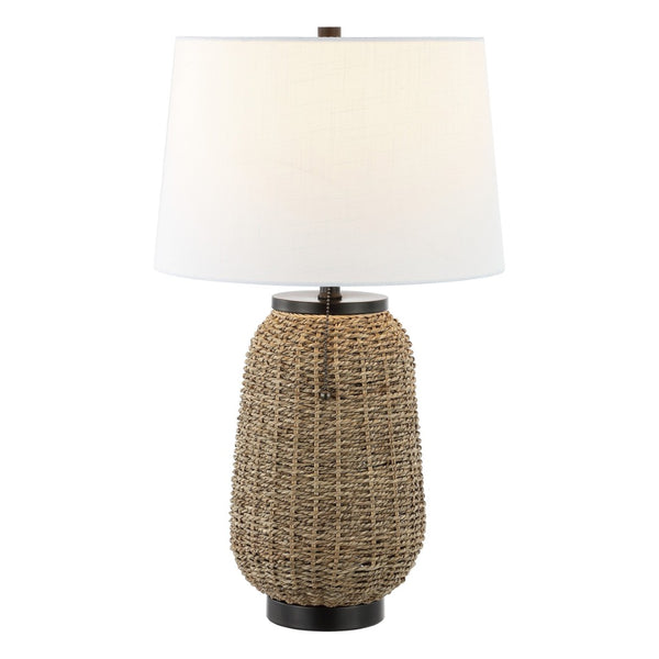 HomeRoots 22" Clear Novelty Table Lamp with White Linen Shade, Modern Iron Base & Built-In USB Charging Outlet 716034