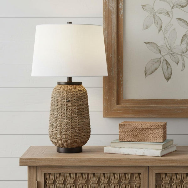 HomeRoots 22" Clear Novelty Table Lamp with White Linen Shade, Modern Iron Base & Built-In USB Charging Outlet 716034