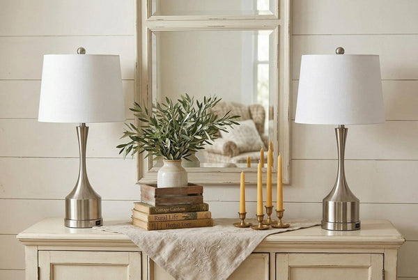 Set of Two Nickel Finish Table Lamps with Classic Empire Shades for Elegant Rooms